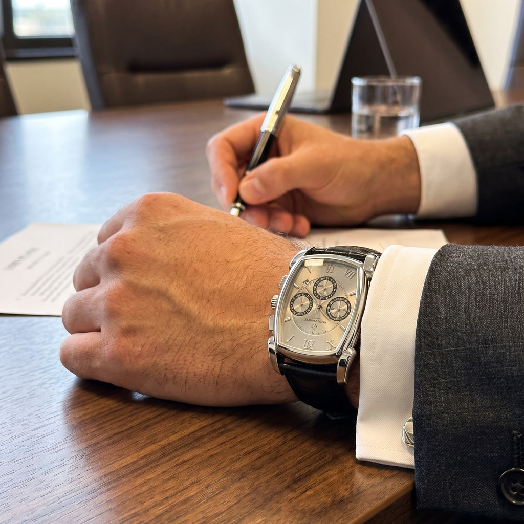 A luxury chronograph watch with a silver dial and black strap worn on a person's wrist, shown in a professional office setting with a wooden conference table, laptop, and pen.
