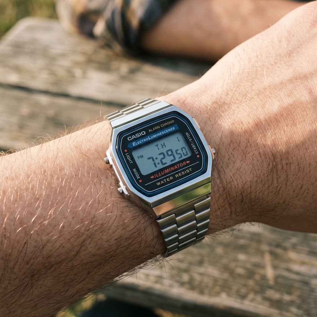 A silver Casio digital watch with a metal link band worn on a person's wrist, photographed outdoors on a wooden bench.